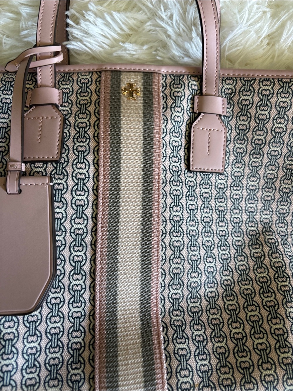 Tory Burch Pink and Cream Logo-Striped Canvas Tote - Picture 7 of 11